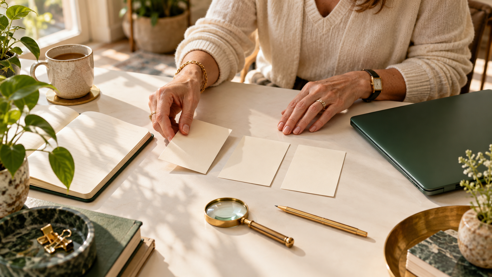 Hands sorting blank idea cards beside a notebook and green laptop in warm window light.