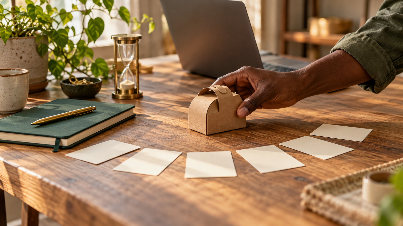 A small product prototype and seven blank planning cards arranged across a sunlit worktable.