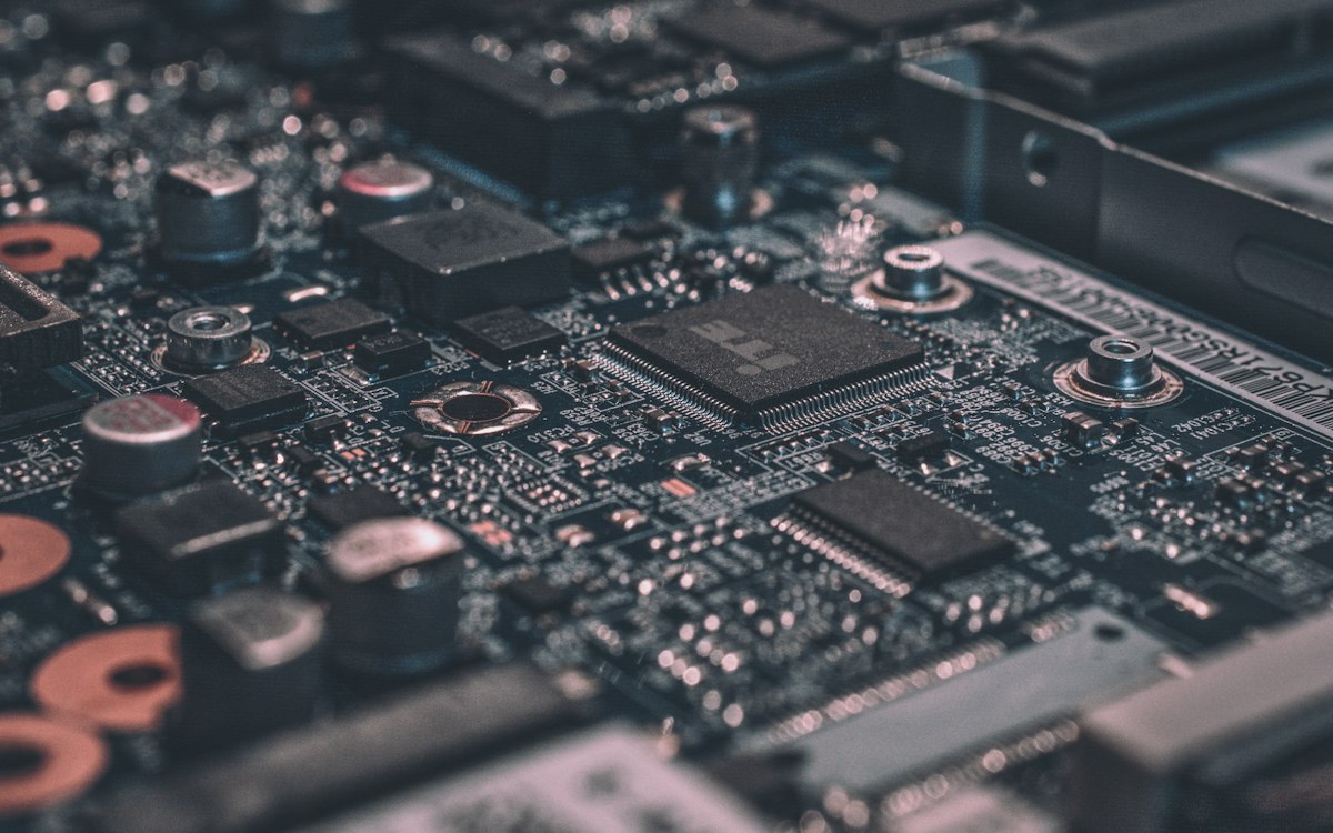 A close view of the electronic components on a circuit board.