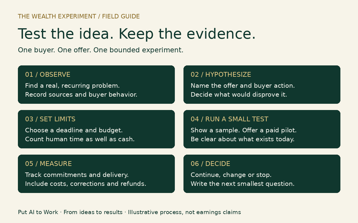 Six-step AI income experiment: observe, hypothesize, set limits, run a small test, measure and decide.