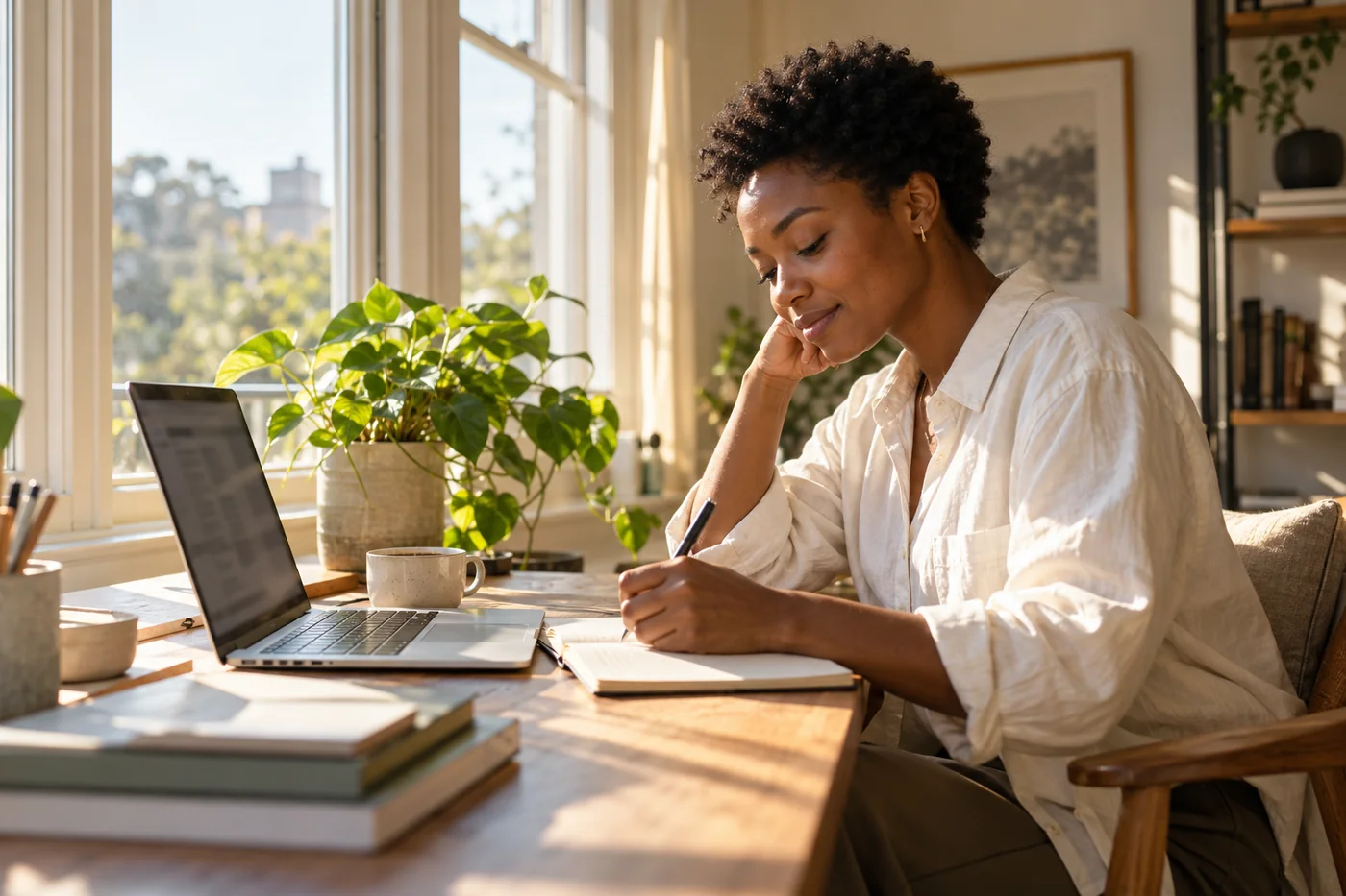 A founder planning one small business experiment in a sunlit workspace.