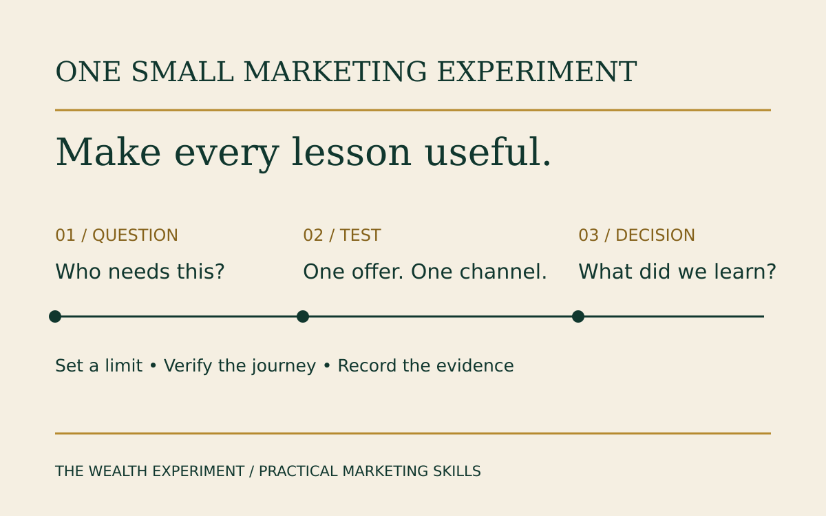 A three-step marketing experiment: question, test, and decision.