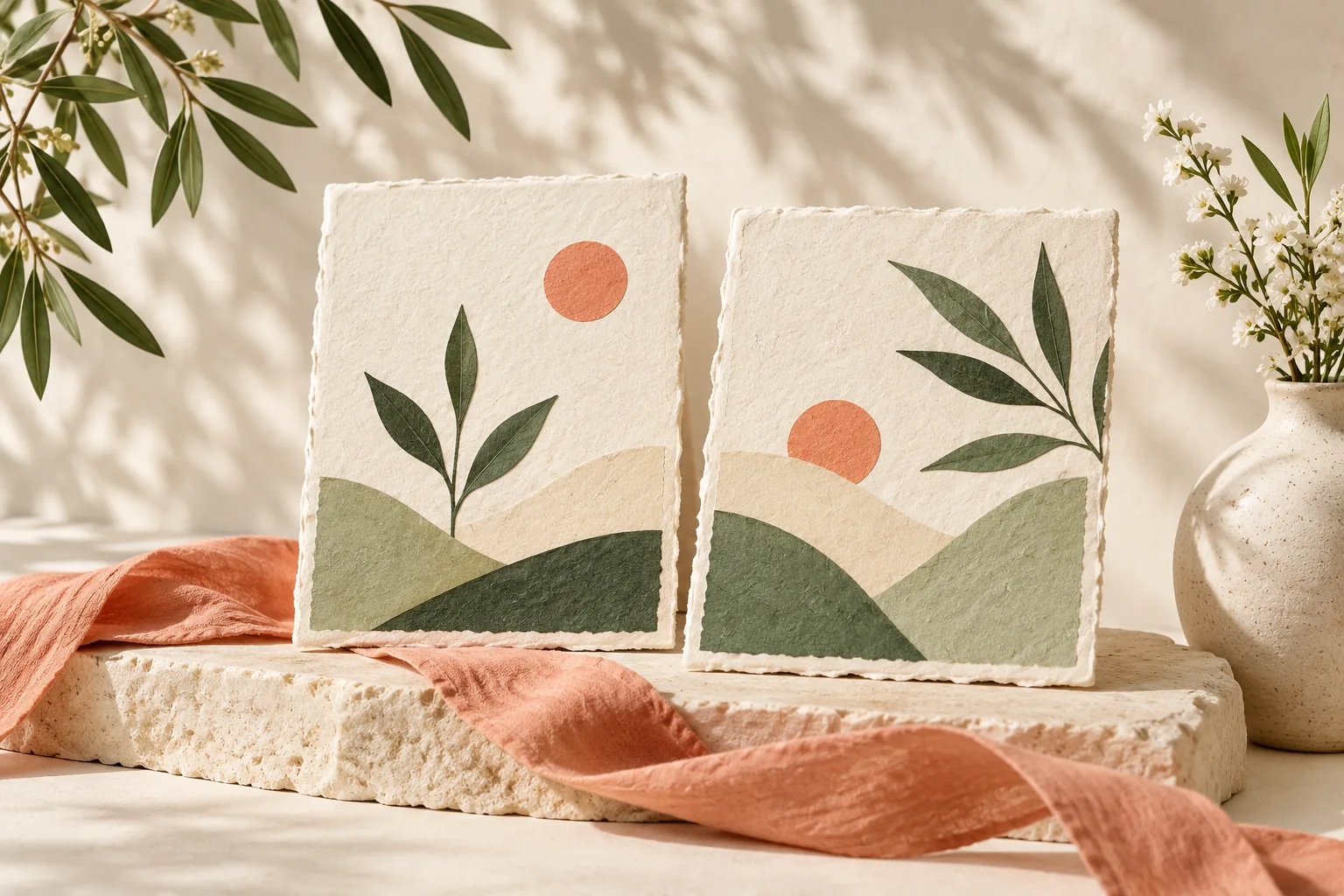 Botanical paper cards and a coral ribbon representing an idea taking shape
