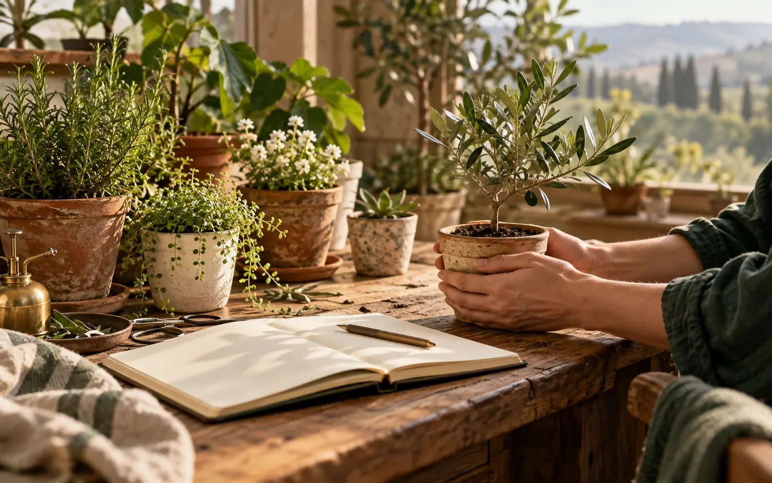 Hands gently holding one small plant beside a collection of carefully tended plants