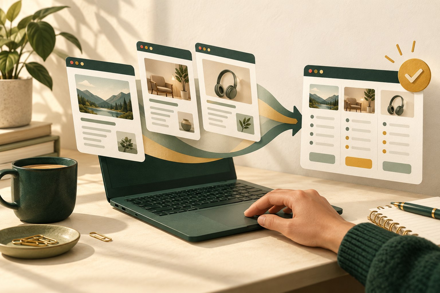 Editorial illustration of browser cards flowing into a comparison sheet beside a laptop.