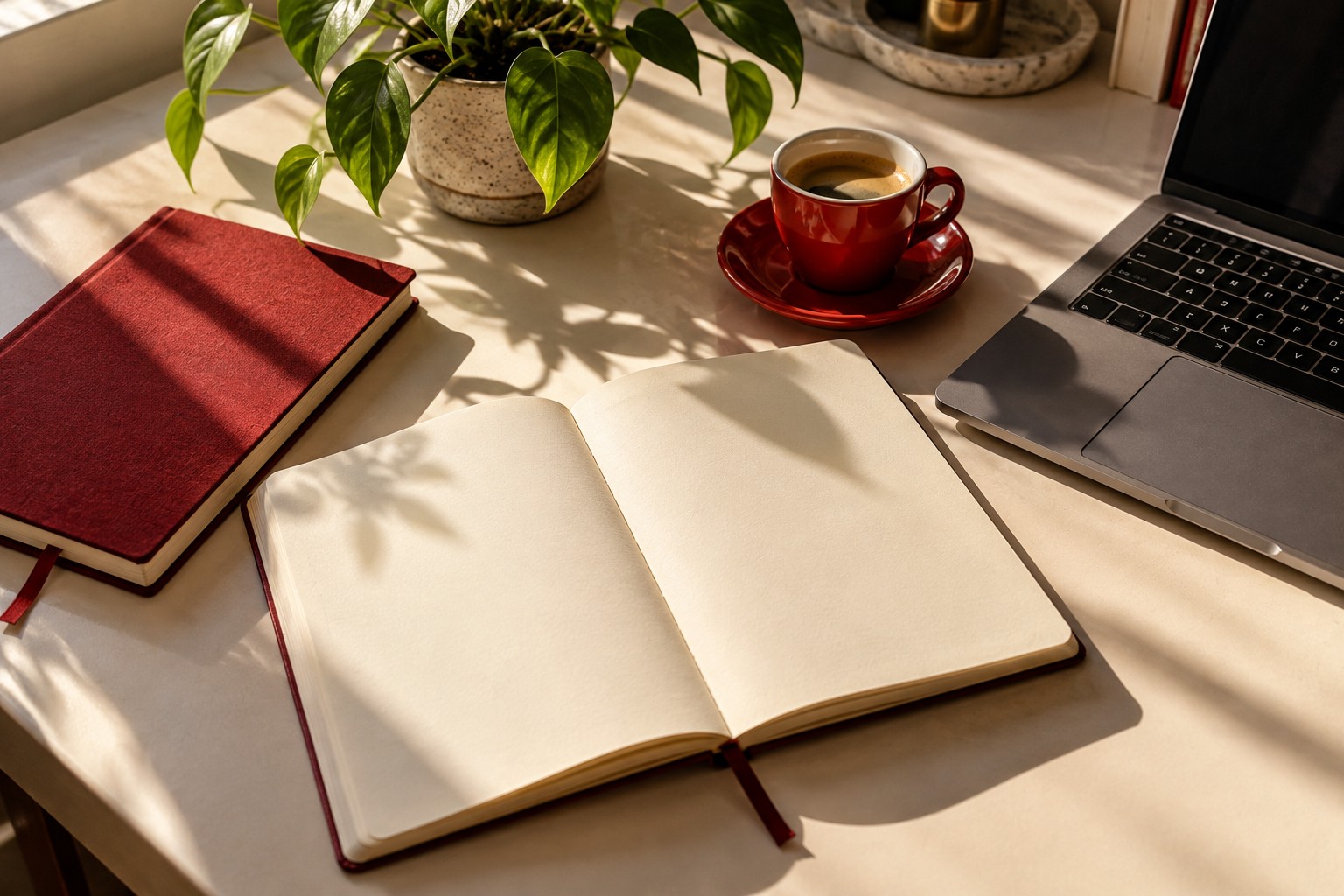 A sunlit creative workspace with a notebook, laptop, coffee and a plant