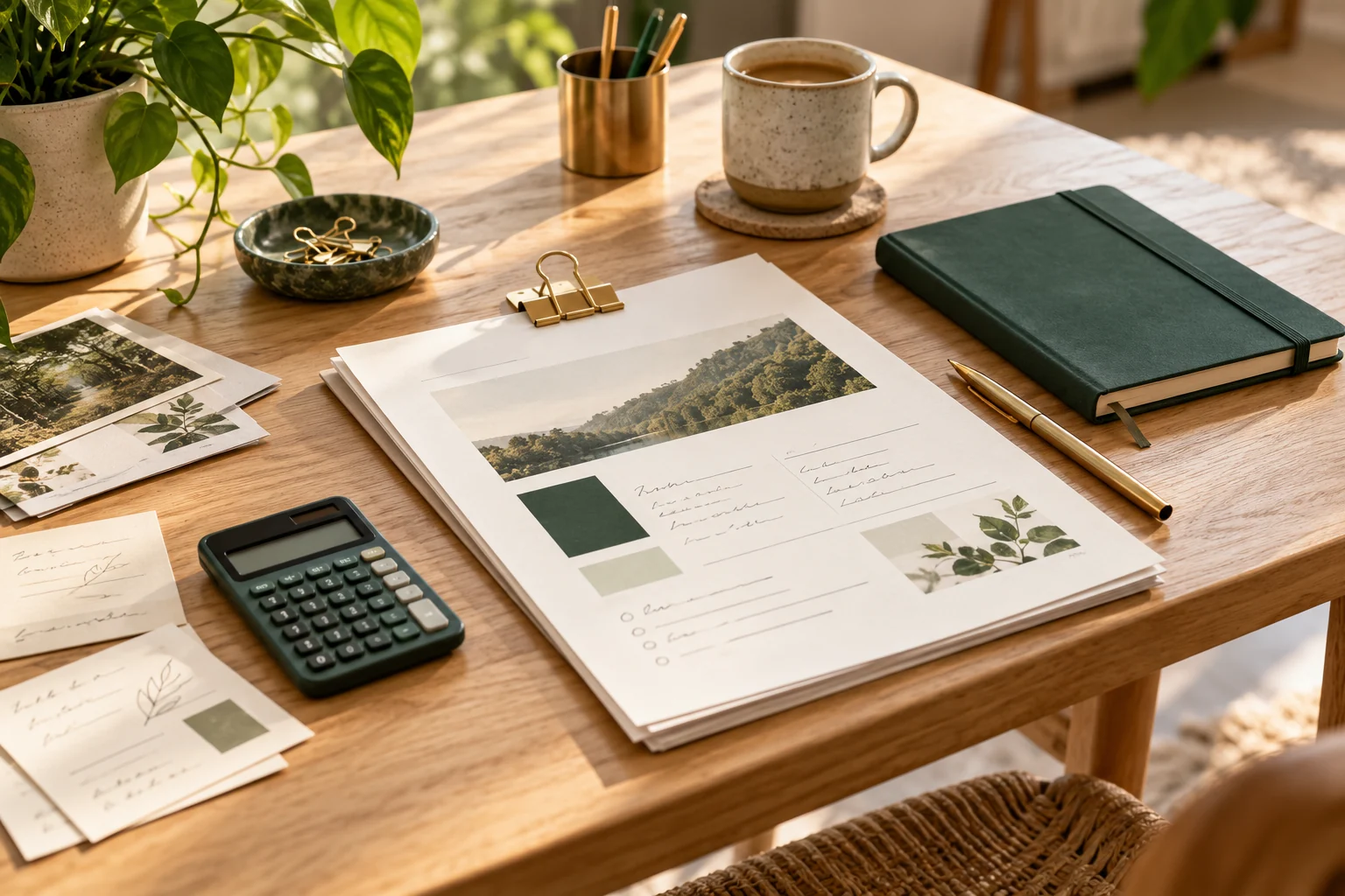 An illustrative experiment-planning workspace with proposal notes, a calculator, and a notebook.