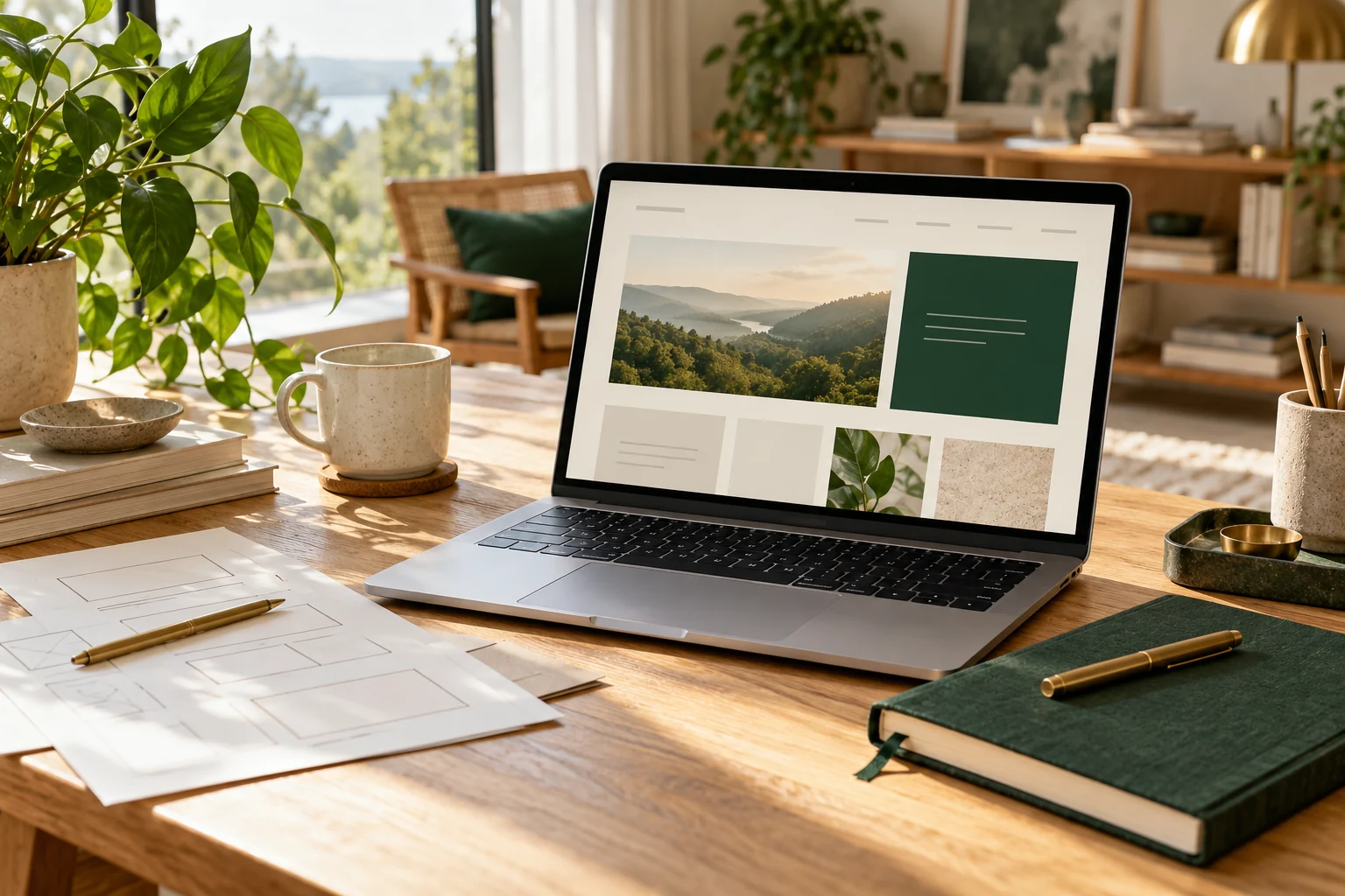 An illustrative website workspace with an open laptop, paper wireframes, and a green notebook.