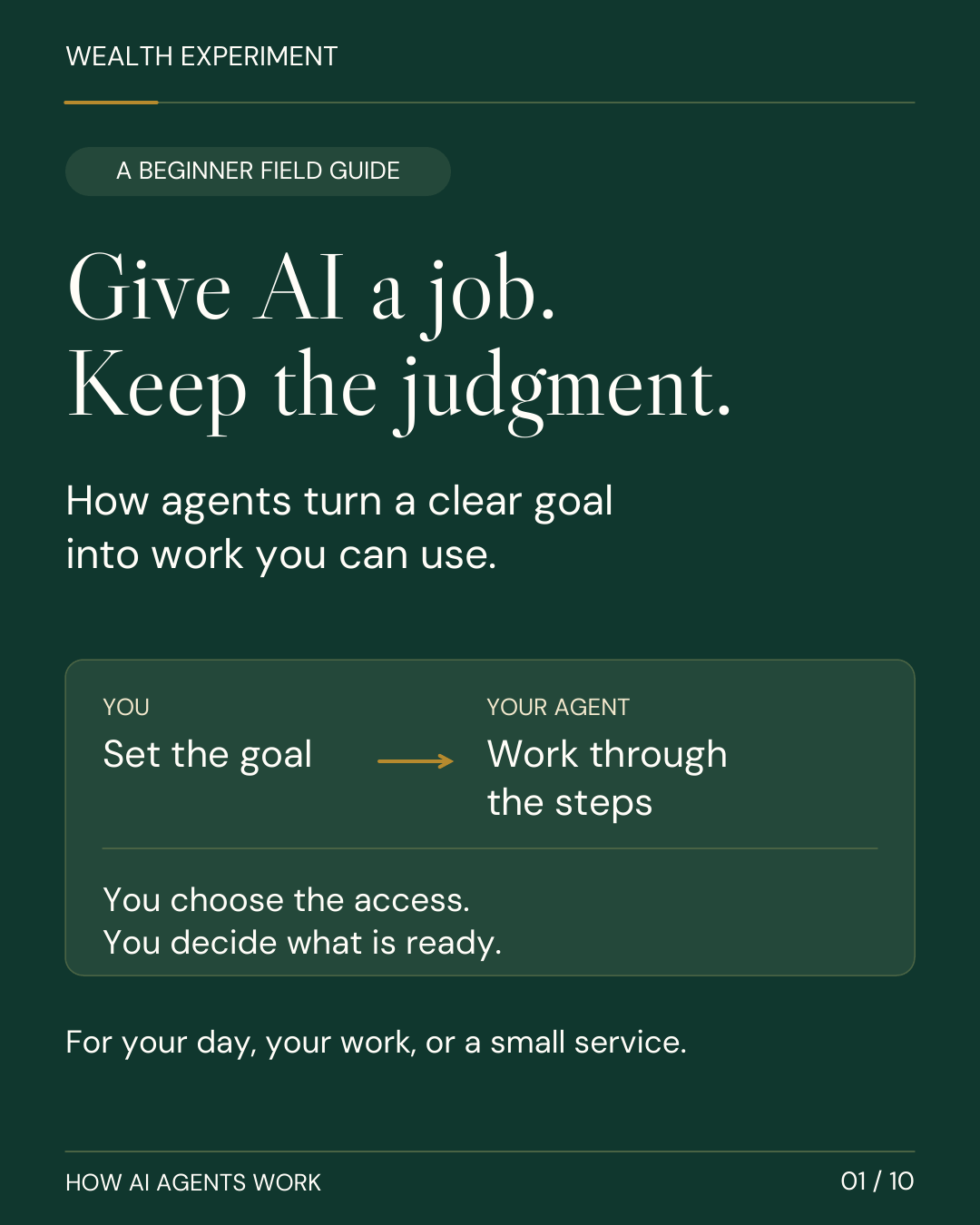 WEALTH EXPERIMENT HOW AI AGENTS WORK 01 / 10 A BEGINNER FIELD GUIDE Give AI a job. Keep the judgment. How agents turn a clear goal into work you can use. YOU Set the goal YOUR AGENT Work through the steps You choose the access. You decide what is ready. For your day, your work, or a small service.