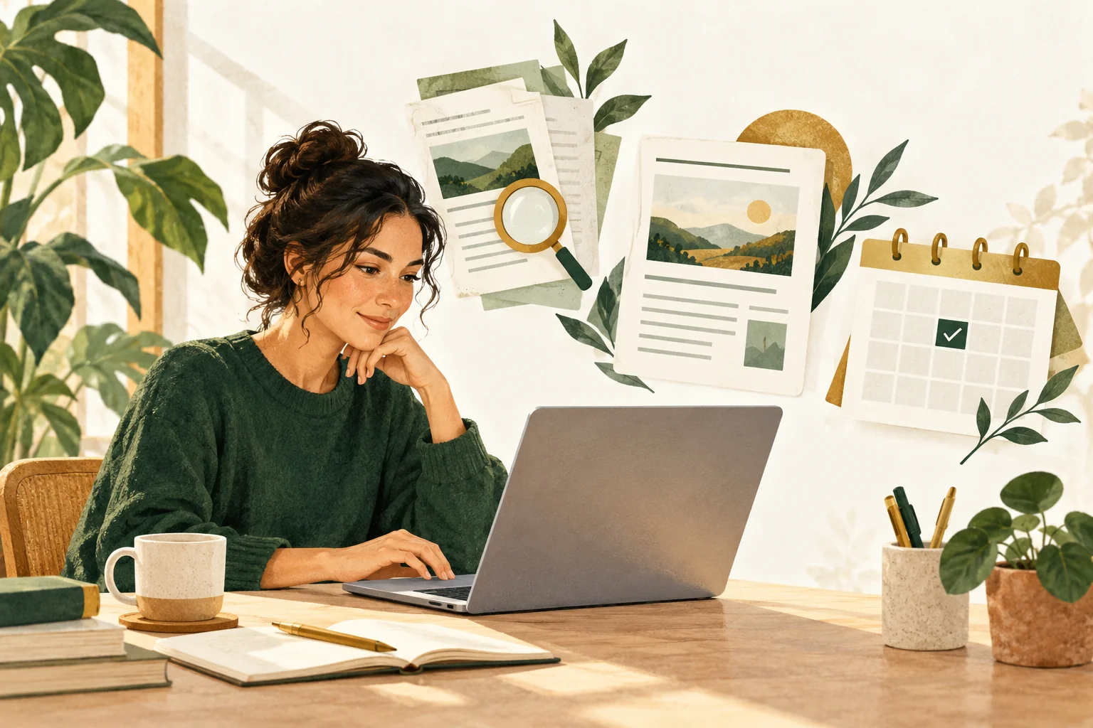 Illustration of a person reviewing research, a draft and a calendar at a sunlit desk.